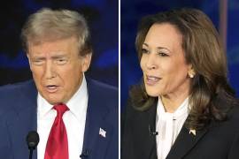 Esta combinación de fotos muestra al candidato presidencial republicano Donald Trump (i) y la vicepresidenta Kamala Harris en el debate en Filadelfia el 10 de septiembre del 2024.