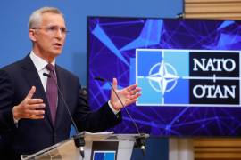 El Secretario General de la OTAN, Jens Stoltenberg, en una conferencia de prensa antes de una reunión de dos días de Ministros de Defensa de la OTAN en la sede de la OTAN en Bruselas, Bélgica.