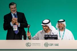 El presidente de la COP28 y Ministro de Industria y Tecnología Avanzada de los EAU, Dr. Sultan Ahmed Al Jaber (c), finaliza una sesión plenaria durante la COP28 en Dubai, Emiratos Árabes Unidos.