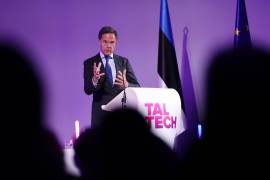El secretario general de la OTAN, Mark Rutte, pronuncia una conferencia pública en la Universidad de Tecnología de Tallin, en Estonia, el 14 de octubre de 2026.