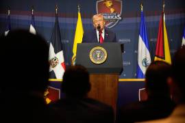 El presidente Donald Trump habla en la Cumbre del Escudo de las Américas, el sábado 7 de marzo de 2026, en el Trump National Doral Miami, Doral, Florida.