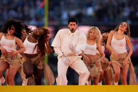 Bad Bunny performs during halftime of the NFL Super Bowl 60 football game between the New England Patriots and the Seattle Seahawks, Sunday, Feb. 8, 2026, in Santa Clara, Calif. (AP Photo/Lynne Sladky)