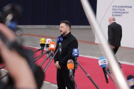 Ukraine's President Volodymyr Zelenskyy speaks with the media as he arrives for a meeting of the European Political Community in Yerevan, Armenia, Monday, May 4, 2026. (AP Photo/Anthony Pizzoferrato)