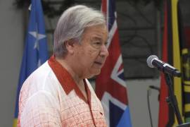 El Secretario General de las Naciones Unidas, Antonio Guterres, habla en la apertura de la reunión anual de líderes del Foro de las Islas del Pacífico en Nuku’alofa, Tonga.