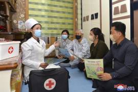 Una doctora visita a una familia durante una actividad para incrementar la conciencia en torno a las medidas de prevención del COVID-19 en Pyongyang, Corea del Norte.
