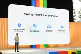 Sundar Pichai, director ejecutivo de Google y Alphabet, mientras interviene durante el evento anual de desarrolladores, Google I/O 2023, en el anfiteatro Shoreline en Mountain View, California.