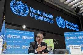 El secretario General de la OMS, Tedros Adhanom Ghebreyesus durante una conferencia de prensa sobre la OMS Global en el Día Mundial de la Salud y el 75 aniversario de la organización en Ginebra.