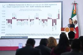 Claudia Sheinbaum, presidenta de México, en su conferencia matutina en Palacio Nacional donde compartió que la balanza comercial en el país en lo que va del año registró el mayor superávit desde 1991.