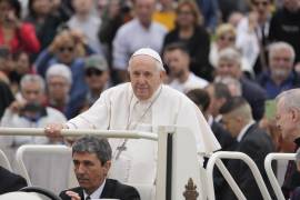 Pope Francis arrives on the popemobile to attend his weekly open-air general audience in St. Peter's Square at The Vatican, Wednesday, May 4, 2022. (AP Photo/Andrew Medichini)