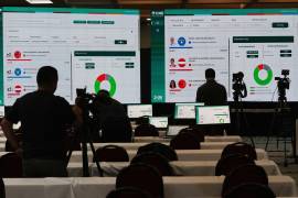 Las pantallas muestran los resultados del recuento de votos en curso de las elecciones presidenciales del domingo en las instalaciones del Consejo Nacional Electoral en Tegucigalpa, Honduras.