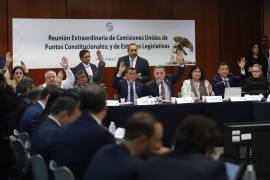 Las Comisiones Unidas de Puntos Constitucionales; y de Estudios Legislativos se reunieron de manera extraordinaria para discutir el dictamen enviado desde la presidencia de la república en materia electoral (Plan B). En la imagen, los integrantes de las comisiones votan para dar inicio a la discusión del Plan B.