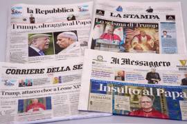 Portadas de periódicos italianos que informan sobre los ataques de Donald Trump acerca del papa León XIV, con titulares que utilizan palabras como “indignación”, “ataque impactante”, “insulto” y “el cisma de Trump”.
