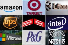 Logos de las empresas Amazon, Target, Lufthansa Group, UPS, ConocoPhillips, Intel, Microsoft, Procter &amp; Gamble y Nestle. Varias compañías anunciaron recortes de personal.