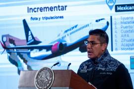 Leobardo Ávila Bojórquez, subdirector general de Mexicana de Aviación, durante la conferencia matutina para informar sobre el avance de la aerolínea desde su inauguración el pasado 26 de diciembre de 2023.