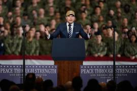 U.S. Defense Secretary Pete Hegseth delivers his speech to soldiers and servicemen ahead of the arrival of U.S. President Donald Trump to the USS George Washington at the U.S. Navy's Yokosuka base, in Yokosuka, south of Tokyo, Tuesday, Oct. 28, 2025. (AP Photo/Eugene Hoshiko)