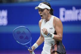 Jessica Pegula, of the United States, reacts during a match against Mayar Sherif, of Egypt, in the first-round of the U.S. Open tennis championships, Sunday, Aug. 24, 2025, in New York. (AP Photo/Frank Franklin II)