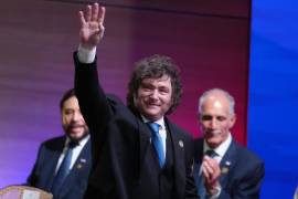El presidente de Argentina, Javier Milei, llega a la toma de posesión del presidente de Colombia, Abelardo de la Espriella, en Cali, Colombia, el viernes 7 de agosto de 2026.