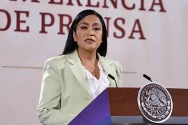 Ariadna Montiel Reyes, secretaria de Bienestar, durante una conferencia matutina en Palacio Nacional.