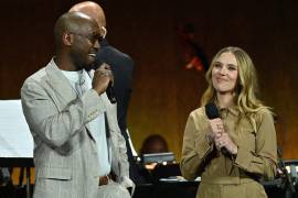 LAS VEGAS, NEVADA - APRIL 02: (L-R) Mahershala Ali and Scarlett Johansson speak onstage during CinemaCon 2025 - Universal Pictures and Focus Features Invites You to a Special Presentation Featuring Footage from its Upcoming Slate at The Colosseum at Caesars Palace during CinemaCon, the official convention of Cinema United, on April 2, 2025, in Las Vegas, Nevada. (Photo by Jerod Harris/Getty Images for CinemaCon)