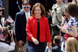 Darline Graham Nordone, la hermana del senador republicano Lindsey Graham, en el evento en el que el senador anunció su candidatura presidencial, en Central, Carolina del Sur.