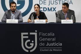 Luis Negrete Gómez, titular de la Comisión de Búsqueda de Personas Desaparecidas, Bertha Alcalde Luján, fiscal general de Justicia de la Ciudad de México, y Luis Eduardo Poletti FIPEDE, durante la conferencia de prensa para dar detalles sobre el feminicidio de la joven Edith Guadalupe, cuyo cuerpo fue encontrado en un edificio de la alcaldía Benito Juárez tras abordar un servicio de aplicación desde su domicilio en la alcaldía Iztapalapa.