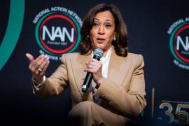 Kamala Harris, former Vice President and 2024 Presidential candidate, speaks during the National Action Network (NAN) Convention in New York, Friday, April 10, 2026. (AP Photo/Angelina Katsanis)