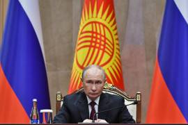 Russian President Vladimir Putin attends a signing ceremony with Kyrgyzstan's President Sadyr Japarov at the Administrative complex Yntymak-Manas Ordo, in Bishkek, Kyrgyzstan, on Wednesday, Nov. 26, 2025. (AP Photo/Vladimir Voronin)