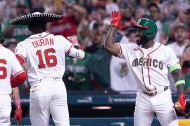 Jarren Duran and Randy Arozarena of Mexico during the 2026 World Baseball Classic game between Brazil and Mexico at Daikin Park on March 8, 2026 in Houston, Texas, United States.