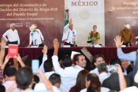 Andrés Manuel López Obrador, presidente de México, y Claudia Sheinbaum, presidenta electa de México, en la Entrega del Acueducto y de la Ampliación del Distrito de Riego 018.