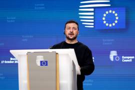 El presidente de Ucrania, Volodímir Zelenski, ofrece una conferencia de prensa después de asistir a la cumbre del Consejo Europeo en Bruselas, Bélgica.