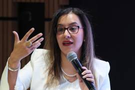 La titular de programas de la ONU contra la Droga y el Delito en México (UNODC), Nayely Sánchez, en una rueda de prensa en Ciudad de México.