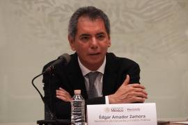 El secretario de Hacienda y Crédito Público, Edgar Amador Zamora, en una conferencia de prensa sobre la situación económica, las finanzas públicas y la deuda pública correspondientes al primer trimestre de 2026.