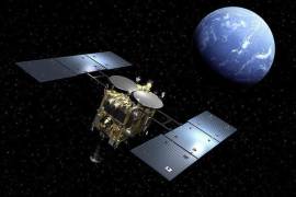 Representación artística de la nave espacial Hayabusa2 pasando cerca de la Tierra.