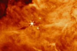 Imagen tomada por el MIRI del telescopio Webb en una región paralela a la protoestrella masiva conocida como IRAS23385 donde se encontro proteínas clave para crear mundos potencialmente habitables.