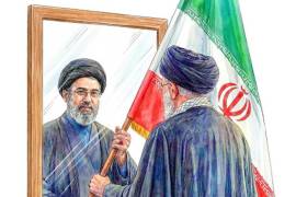 Imagen difundida en la cuenta en X @Khamenei_m del fallecido ayatolá, Ali Jameneí, donde se ve a Jameneí (d) entregando una bandera de Irán a su hijo Mojtaba Jameneí.