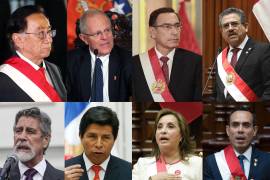 Arriba: al presidente interino de Perú José María Balcázar y a los expresidentes de Perú, Pedro Pablo Kuczynski, Martín Vizcarra, Manuel Merino. Abajo: Francisco Sagasti, Pedro Castillo, Dina Boluarte y José Jerí.
