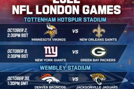 La NFL confirmó que los partidos Broncos-Jaguars, Giants-Pakers y Vikings-Saints se jugarán en Londres.