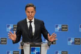El secretario general de la OTAN, Mark Rutte, hablando en una conferencia de prensa en Bruselas el 20 de mayo de 2026.