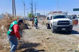 Brigadas municipales retiran escombros y realizan barrido en la carretera Saltillo-Monterrey.