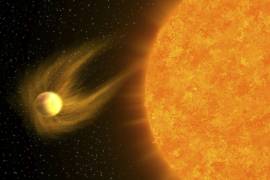 Concepción artística de la estrella TOI-5882, a unos 1.300 años luz de la Tierra, envolviendo a TOI-5882-b, una enana marrón de aproximadamente 22 veces la masa de Júpiter.
