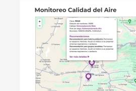 Imagen de la página web del Monitoreo de la Calidad del Aire en https://sma.gob.mx/ mostrando niveles “extremadamente malos” en Saltillo y Ramos Arizpe.