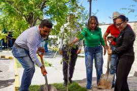 Estudiantes, trabajadores de Lennox y personal municipal de Ramos Arizpe plantaron 60 fresnos en las instalaciones del Instituto Miguel Ángel Rodríguez Calderón (IMARC).