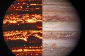 Esta combinación de imágenes proporcionada por la NASA el jueves 28 de octubre de 2021 muestra a Júpiter visto desde el radiómetro de microondas de la nave espacial Juno (izquierda) y su vista en luz visible, capturada por el Observatorio Gemini. AP/NASA/JPL-Caltech/SwRI/MSSS; Kevin M. Gill; Observatorio Gemini