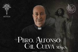 La Diócesis de Saltillo informó el fallecimiento del padre Alfonso Gil Cueva y convocó a su misa exequial este martes en el Santuario de Guadalupe.