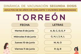 Mañana aplican la segunda dosis para mayores de 50 años y embarazadas en Torreón