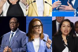 Michelle Bachelet, Rebeca Grynspan y Rafael Grossi, abajo de izquierda a derecha Macky Sall, María Fernanda Espinosa y Carolyn Rodrigues-Birkett, candidatosa suceder a António Guterres en la ONU.