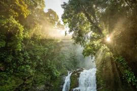 La ruta pasa por las cataratas Nauyaca, una cascada de dos niveles que crea una piscina natural en el río Barú.
