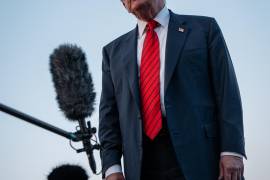 FILE Ñ President Donald Trump speaks to reporters as he departs Lehigh Valley International Airport in Allentown, Pa., Aug. 3, 2025. In the face of mounting discontent over his administrationÕs handling of the Jeffrey Epstein files, Trump has turned to deflection, denial and downplaying. (Haiyun Jiang/The New York Times)