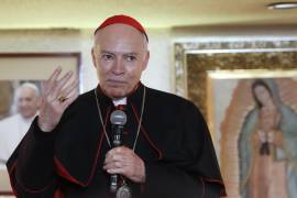 El Cardenal Arzobispo Primado de México, Carlos Aguiar durante su participación en la presentación de la aplicación Iglesia Digital, en la Basílica de Guadalupe de Ciudad de México (México).