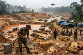 Mientras decenas de barcazas succionan sedimentos de los ríos colombianos destruyendo el entorno, las operaciones mineras ilegales se extienden hasta el perímetro de bases militares.